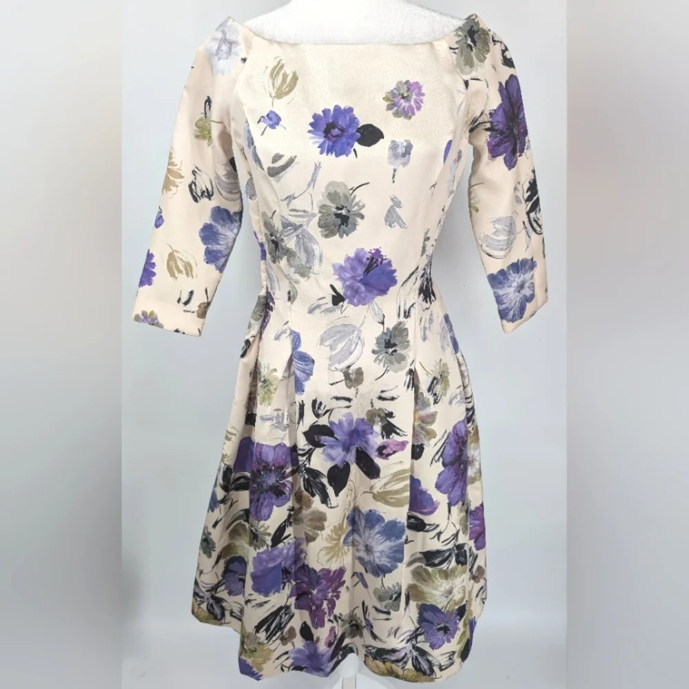 Alex Marie Purple Cream Green Floral Pleated Satin Knee Length Cocktail Dress 2
